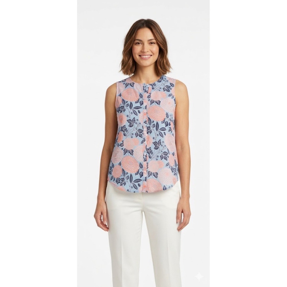 Cynthia Rowley Top Women's Medium Multicolor 100% Linen Floral Sleeveless Button
